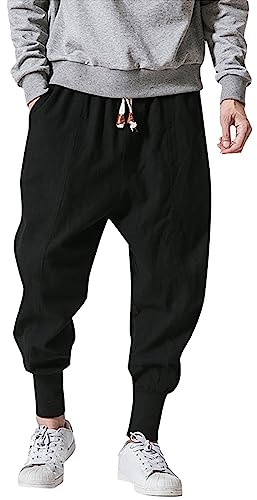 ZYPAINIY - Pantalón Sarouel de Lino y Algodón para Hombre, Pantalón Japonés Informal de Color Sólido, Pantalón Baggy con Cintura Elástica para Hombre, Negro , XL
