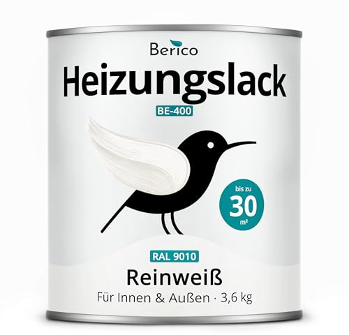 Berico Heizkörperlack - 3,6 Kg - Klassisches Weiß (ähnl. Reinweiß RAL 9010) - BE 400 Heizungslack, Heizungsfarbe, Heizkörperfarbe, Acryllack