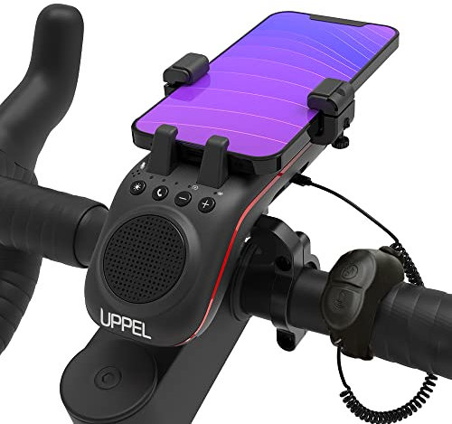 UPPEL Fahrrad Handyhalterung Mit Bluetooth Lautsprecher, 5000mAh Powerbank, Klingel, Mikrofon - 10-in-1 Multifunktional TF/SD/AUX Modus für Extrem & Freizeit Radsport, Mountainbike