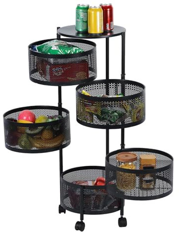 yulewiix - Carro de almacenamiento de cocina de 5 niveles, cesta giratoria circular con ruedas de 360 grados, gran estante de metal para frutas y verduras con tapa superior para salón