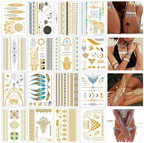 16 Feuilles Tatouage Temporaire,Autocollants Métalliques Dorés Faux Tatouages,Tatouage Ephemere Femme, atouages éphémères métalliques,Tatouage Paillette Tatoo Temporaire Faux,pour Festival Tatouage