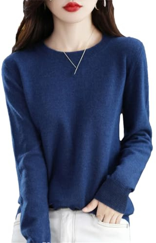 Pull-over en laine mérinos 100% pour femmes, tricot uni, haut de base à manches longues et col rond, bleu marine, M
