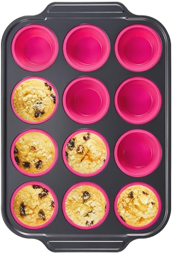 BRONYPRO Teglie per muffin in silicone con struttura in metallo, stampi per morsi d'uovo, 12 teglie per cupcake, dimensioni regolari, teglie per muffin, facili da aprire, antiaderenti, atossiche, per