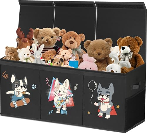 VERONLY Extra große Spielzeugkiste für Jungen und Mädchen, zusammenklappbar, mit Deckel, Spielzeugtruhe mit 2 Netztaschen und Griffen, 96 x 34 x 39 cm (schwarz)