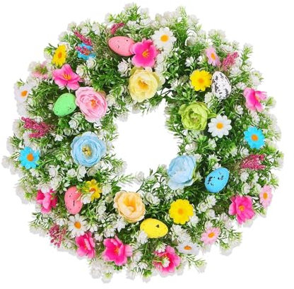 rockible Bunter Osterkranz, Grüne Girlande, Dekorativer Künstlicher Blumenkranz, Runder Party Bauernhaus Frühlings Türkranz, Dekor, 35 cm