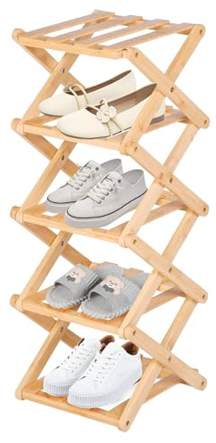ZYNERY Bambus Faltbare Schuhregal, Vertikales Klein, 5 Ebenen Schuhregal Schmal für Eingang Schlafzimmer Ecke
