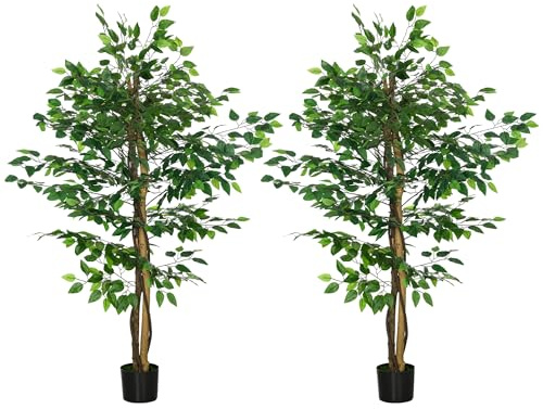 HOMCOM Lot de 2 Plantes artificielles Arbres artificiels ficus Hauteur 1,50 m Tronc Branches Liane Lichen Feuilles Grand réalisme Pot Inclus, intérieur, Vert