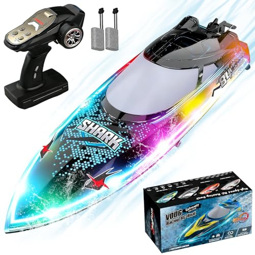 OBEST Fernbedienungsboot mit LED-Lichtern, 30 + KM/h RC Shark Speedboat, 2,4 GHz Wettbewerbsboot, Low Power Alarm, Jungen und Mädchen Lieblings Wasserspielzeug Geschenk, 2 Batterien