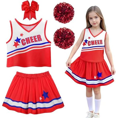 PIXUYE Déguisement Pompom Girl Costume Cheerleader Fille avec Pompons et Chaussettes Barrette Nœud Uniforme de Pompom Girl pour Carnaval Halloween Fêtes