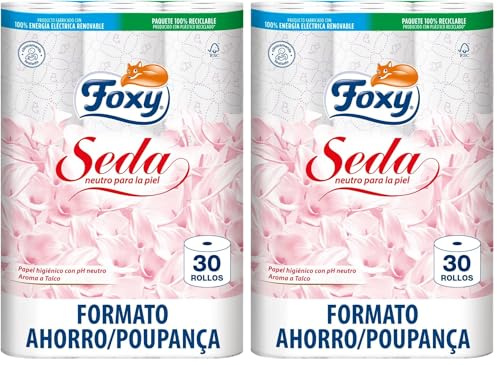 Foxy Seda | Papel higiénico 30 rollos | 173 servicios por cada rollo | Neutro para la piel | Certificación FSC | 100% Energía eléctrica renovable | Paquete reciclable producido con plástico reciclado