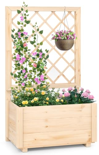 FANTASK Holz Blumenkasten, Pflanzkasten mit Rankgitter, Hochbeet mit Spalier & Drainagelöchern, Natur