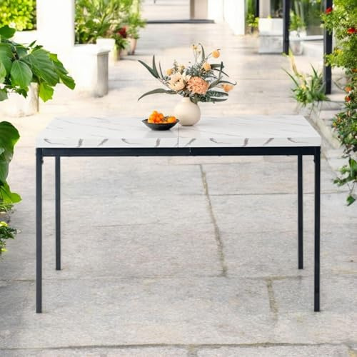 FurnitureR Tables de Bistrot pour Jardin en Imitation Marbre Blanc, Style Épuré et Élégant pour 4 à 6 Personnes, Plateau en Bois Epais avec Structure Métallique, pour Café, Balcon, Patio 120x70x75cm