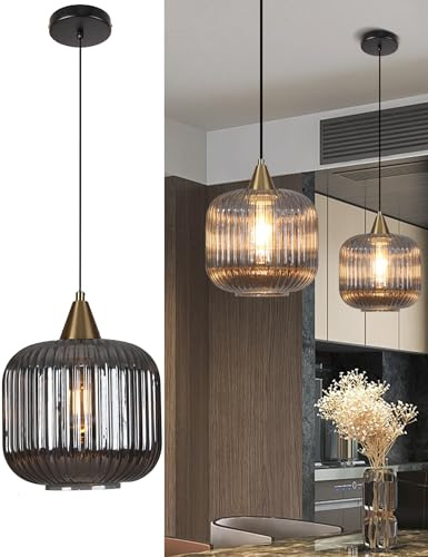 bomiel Geriffelte Rauchglas Pendelleuchte Ø20cm, Modern Vintage Industrial | Einflammige Hängelampe; Streifen-Lichtspiel; höhenverstellbar; E27; für Esszimmer, Schlafzimmer, Flur, Kücheninsel & Studio