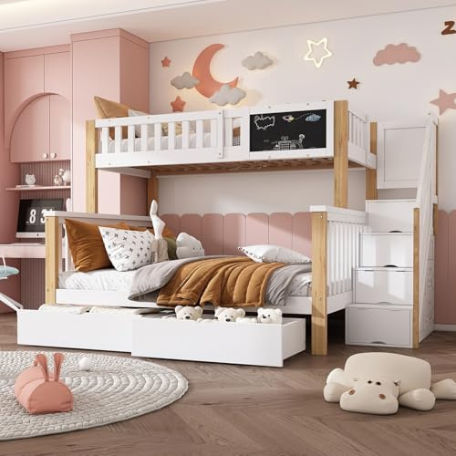 Etagenbett Kinderbett 90x200 und 140x200 cm für 2-3 Kinder, Hochbett mit Treppe und 2 Stauraum Schubladen, Bett mit Rausfallschutz und Lagerregal, Hausbett mit Lattenrost