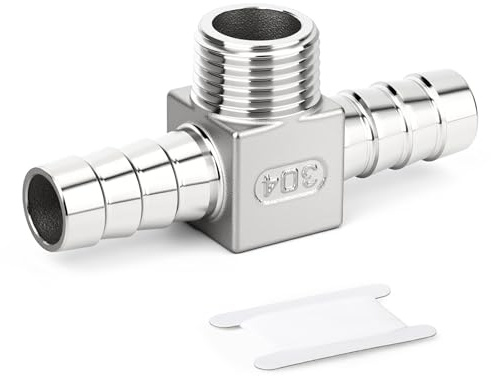 ERGAOBOY 1Pcs 304 Stainless Steel Hose Barb Tee Union, 1/2 BSP Male x 10MM Barbed x 10MM Barbed 3 Way Hoses Connector Fitting with Hose Clamp for Fuel/AIR/Lquid/Gas