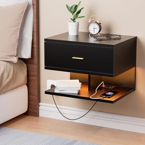 Nachttisch Hängend mit RGB LED-Beleuchtung & 1 AC-Steckdose/2 USB-Anschlüsse, Nachtkästchen Schwebend mit 1 Schublade & 2 Offenen Ablagen, 40 x 30 x 30 cm, Geeignet für Schlaf & Wohnzimmer (Schwarz)