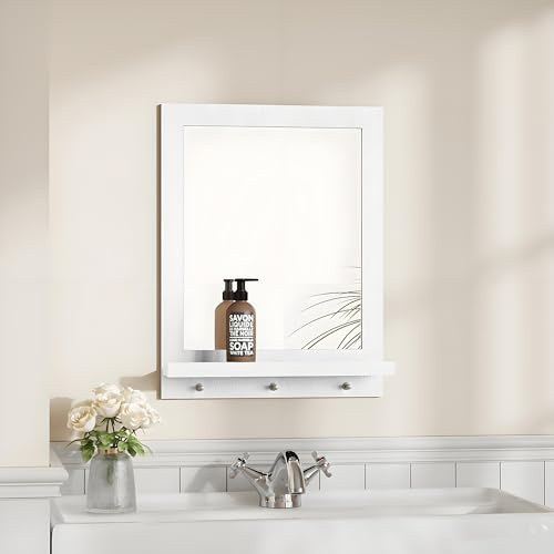 MROJISC Wandspiegel, Flurspiegel mit 3 Haken Modern Badspiegel Dekorative Spiegel für Flur, Badezimmer, Wohnzimmer, Schlafzimmer, Weiß