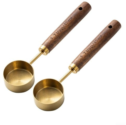 Pumixiy Juego de 2 cucharas medidoras de café de 15 ml con mango largo, acero inoxidable resistente al óxido y cuchara de madera para café molido, cacao en polvo, azúcar, harina (paquete de 2 unidades