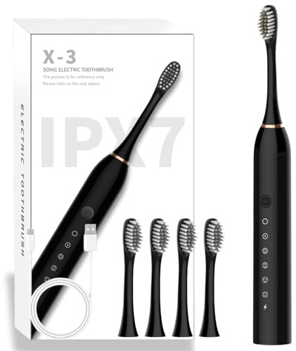 Spazzolino Elettrico, Spazzolino Elettrico Sonico Denti per Adulto & Kinder, 4 Testine 6 Modalità 42000 VPM Sonico, Spazzolini Elettrici per Ricarica rapida USB, Nero