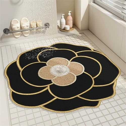 Odot Duschmatte rutschfest,Schnelltrocknend PVC-Luffa Badewannenmatte,Badezimmerteppich mit Ablaufloch,Schlicht Rund Blumen Badteppich,Duschvorleger für Badewanne/Nassbereiche (Schwarz Gold,100cm)
