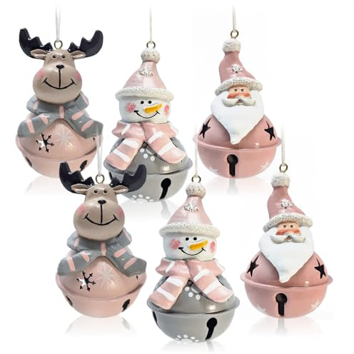 com-four® 6-teiliges Hängedeko Set aus Polyresin 9 x 5 cm - Weihnachtsmannfigur, Schneemannfigur und Rentierfigur zum Aufhängen - weihnachtliche Dekoration - Weihnachtsschmuck (braun/grau/rosa - 6X)