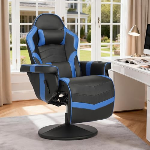 Consofa Relaxsessel Gaming Sessel mit Massagefunktion, Fernsehsessel mit Liegefunktion mit Höhenverstellbar,Gaming Sessel 90°–135° und Fußstütze,360° drehbarer Gaming Stuhl mit Getränkehalter (Blau)