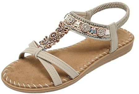 Nuoke sandalias mujer,sandalias planas, planas con cuentas para, de con tiras elásticas en T Zapatos Dorados (Khaki, 36)