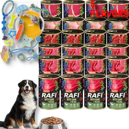Nass Hundefutter RAFI 24x400g Set 5 SCHLOCKEN, Ente, Wachtel, Lamm, Wildfleisch, Rindfleisch + SPASS SET