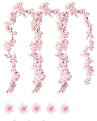 LPVVPEZ 3 Pack Faux Cherry Blossom Garland – 180cm Silk Flower Vine String, Artificial Pink Cherry Blossoms for Wedding, Home, Garden, Party Decor (3 Rolls)