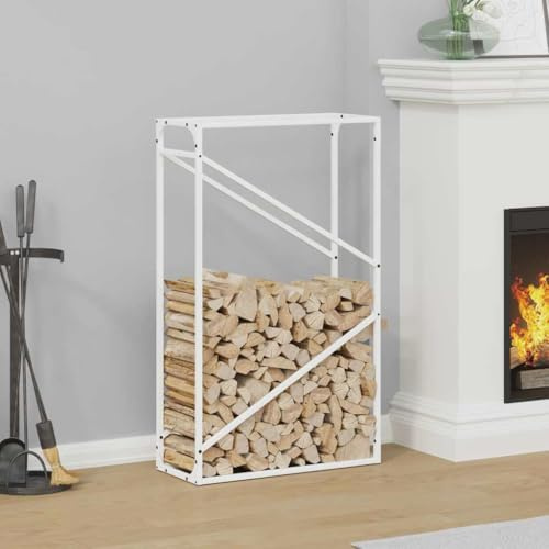 LoogCape Estantería para leña, color blanco, 60 x 25 x 100 cm, de acero laminado en frío, para interior y exterior, elegante soporte apilable de madera, carro de leña duradero, práctica cesta de