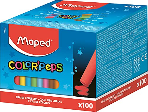 Maped - Tizas finas para pizarra y natural - Caja de 100 tizas 10 colores brillantes, 100 unidades