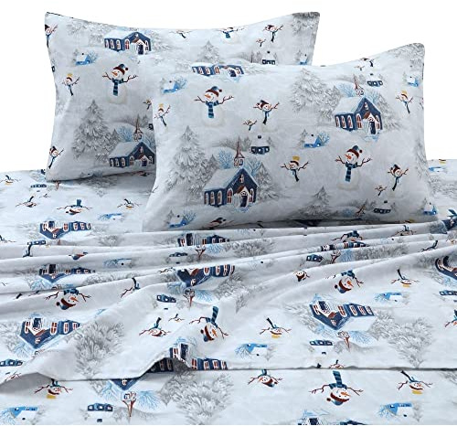 Tribeca Living Set di Lenzuola in 100% Flanella di Cotone, con Tasca Profonda, 170 g/m², Biancheria da Letto Ultra Morbida e Accogliente per l'inverno, per Letto Matrimoniale, Pupazzo di Neve, Blu