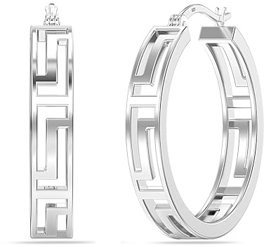 LeCalla 925 Sterling Silber Griechischer Schlüssel Creolen Leichtgewicht Klick-Top Griechische Mauer Ausschnitt Muster Ohrring Creolen für Frauen