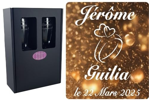 Gravure Events 2 Flûtes à Champagne Gravées Modèle Alliances Cœurs avec Boîte Cadeau - Cadeau de Mariage pour Les Mariés : repas, Invité au vin d'honneur, Anniversaire - Verre capacité 17cl