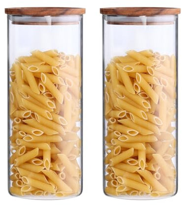 KKC Barattoli di Vetro con Coperchio in Legno Ermetico per la Conservazione Alimenti,Contenitore di Vetro Ermetici per Chicchi di caffè, Tè, 1,15 L, Set 2 Pezzi