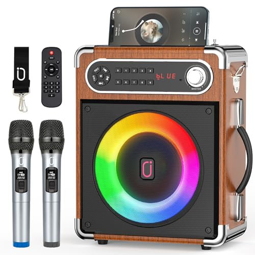 JYX Casse karaoke con 2 microfoni wireless, Altoparlante portatile Bluetooth per Casse karaoke professionale completo con supporto per controllo bassi/alti TF/USB, AUX IN, FM, REC
