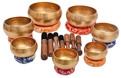 Authentische tibetische Klangschale aus 7 Planeten, handgehämmertes Design, 15.2 cm Schlägel und Kissen für Yoga, tiefe Entspannung und Unterstützung ganzheitlicher Heilung (alle Größenset)