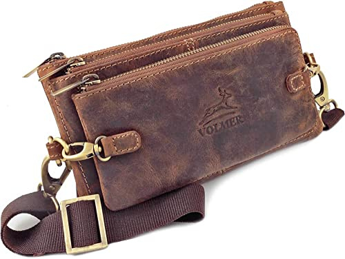 Fa.Volmer ® Bauchtasche/Gürteltasche/Hüfttasche aus Büffel-Leder I Damen und Herren I Große Fächer und sicherer Reißverschluss I Braun I Retro Look I Modell: Madison