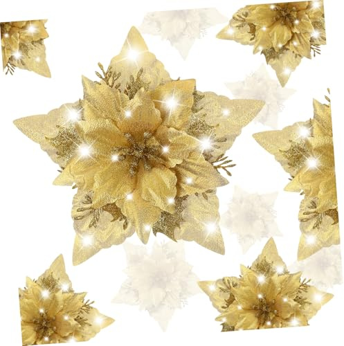 STOBOK Weihnachtsglitzer- Weihnachtsstern- Kunstblumen: 12 Stück Goldene Weihnachtsbaum- Kranz- Girlanden- Blumen- Ornamente mit Clips Und Stielen für Weihnachten Hochzeit Neujahr Urlaub Party