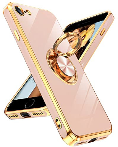 LeYi for iPhone SE 2022/2020/7/8 Case, Heavy Duty Protection Cover with Built-in Ring Holder, Shiny Plating Gold Edge, Silicone Lightweight Luxury Phone Case, Pink