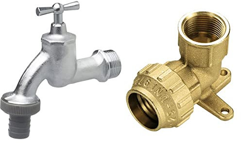 Cornat Auslaufhahn - 26,44 mm (3/4 Zoll) AG - Inklusive Schlauchanschluss - Hochwertiges Messing - Ideal als Außenzapfstelle & Messing PE-Wandscheibe, 25 mm x 3/4 Zoll, Innengewinde, T617025