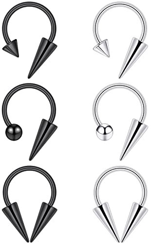 Longbeauty 6 Pcs 1.2mm Edelstahl Cartilage Tragus Helix Hufeisenringe Ohrringe Lippenringe Nasenringe Piercing Schmuck für Frauen Männer, Silber & Schwarz, 10mm Innendurchmesser