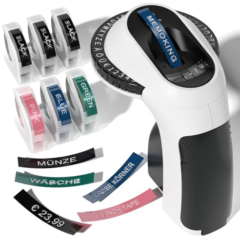 Memoking Embossing Label Maker Machine - E975 Embossed Label Maker with 6 Rolls Tapes 3/8(9mm), 3D Handheld Labelling Machine, Lettering Embossing Label Printer for Kitchen, Home, Office, DIY, Gift