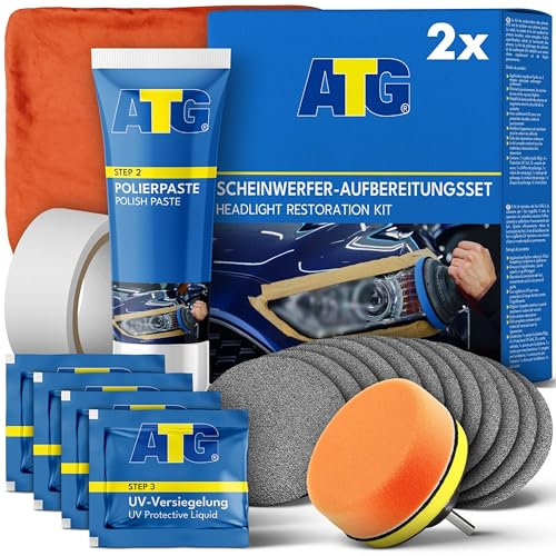 ATG® Scheinwerfer Aufbereitung Set - Universal Auto Scheinwerfer Polierset für Matte & Blinde Scheinwerfer - Schnelle & einfache Scheinwerfer Aufbereitung - Doppeltes Scheinwerfer Reparatur Set