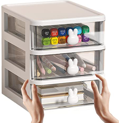 Cypreason Organizador cosmético Cajones de maquillaje cajón caja de escritorio torre de almacenamiento de con cajones conejo mango cosmético caja de almacenamiento cómoda transparente