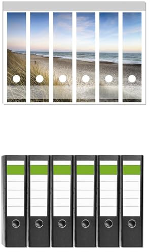 Wallario 6 Stück breite Ordner inkl. Klebeetiketten mit Motiv Strandspaziergang im Urlaub an der Ostsee - Set mit Rückenschildern/Ordnerrücken Stickern