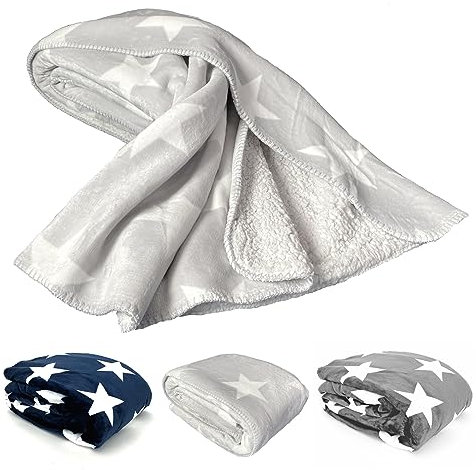 heimtexland ® Dicke Kuscheldecke Sterne Soft Flanell Sherpa Wohndecke warm 150x200 XL Winterdecke Typ855 Hellgrau