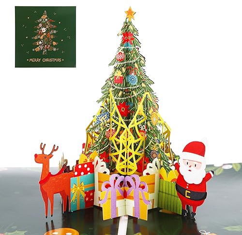 Pop-Up Karte Weihnachten, 3D Grußkarten 3D Weihnachtskarte mit Weihnachtsbaum und Weihnachtsmann Handgemachtes Popup Weihnachtsbillet Popup Klappkarte mit Weihnachtsbaum für Kinder, Frauen & Männer