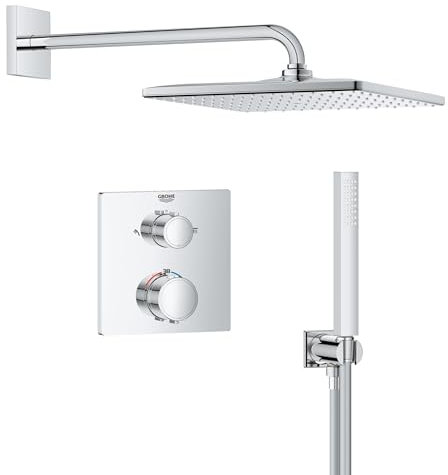 GROHE Precision Thermostatique, Ensemble de Douche Encastré 2 sorties, Douche de Tête Vitalio Rain Mono Cube 310, Douchette Vitalio Joy Cube Stick 1 jet, Flexible 1,5 m, Chromé, 34881000