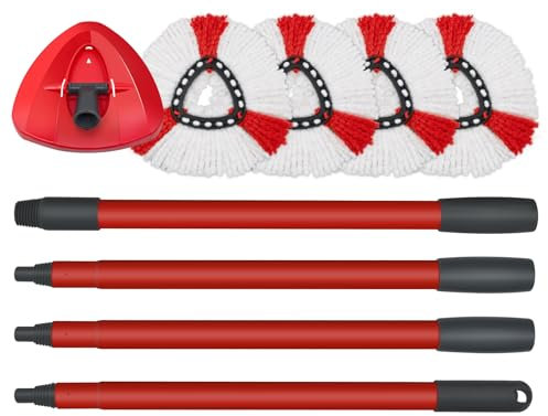 GFRED 4 PCS Mop Head Replacement Microfiber+1 PC Spin Base Red + 1PC 4-Section Handle Compatible With Vileda Turbo Spin Refill Head Set of 6 Combo